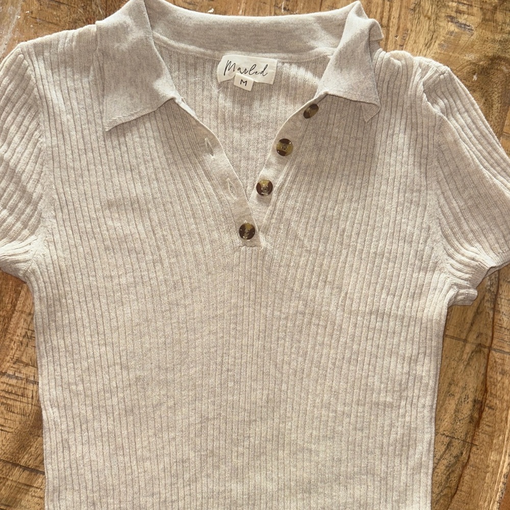 Mural Beige Ribbed Button-Up Blouse